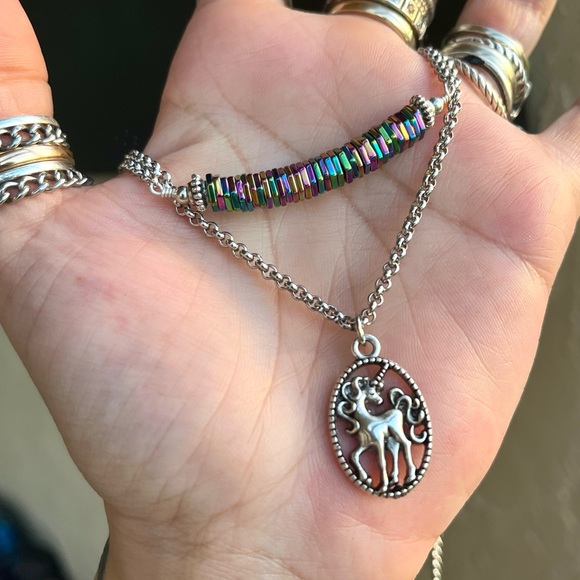 Double layer unicorn rainbow stones stainless steel adjustable choker necklace - Picture 8 of 14